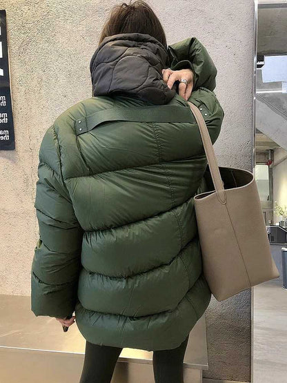 Warm Dark Green Collarless Cotton Puffer Coat Jacket