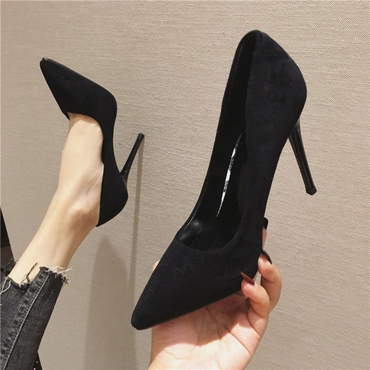 Black Suede High Heels Women's Stiletto Ceremonial Shoes Lining material imitation leather