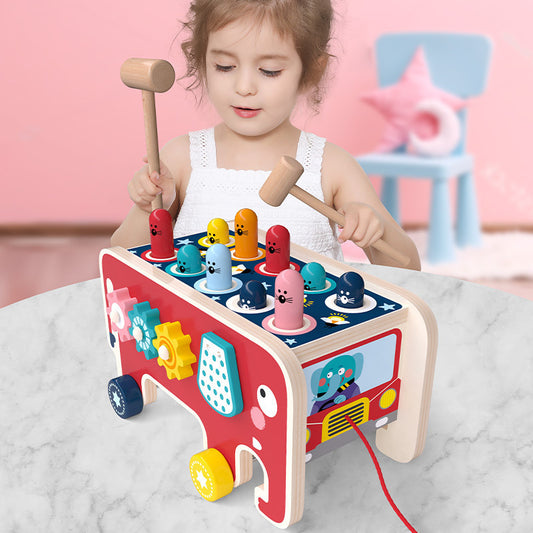 Kids Wooden Pounding Bench Animal Bus Toys Early Educational Set