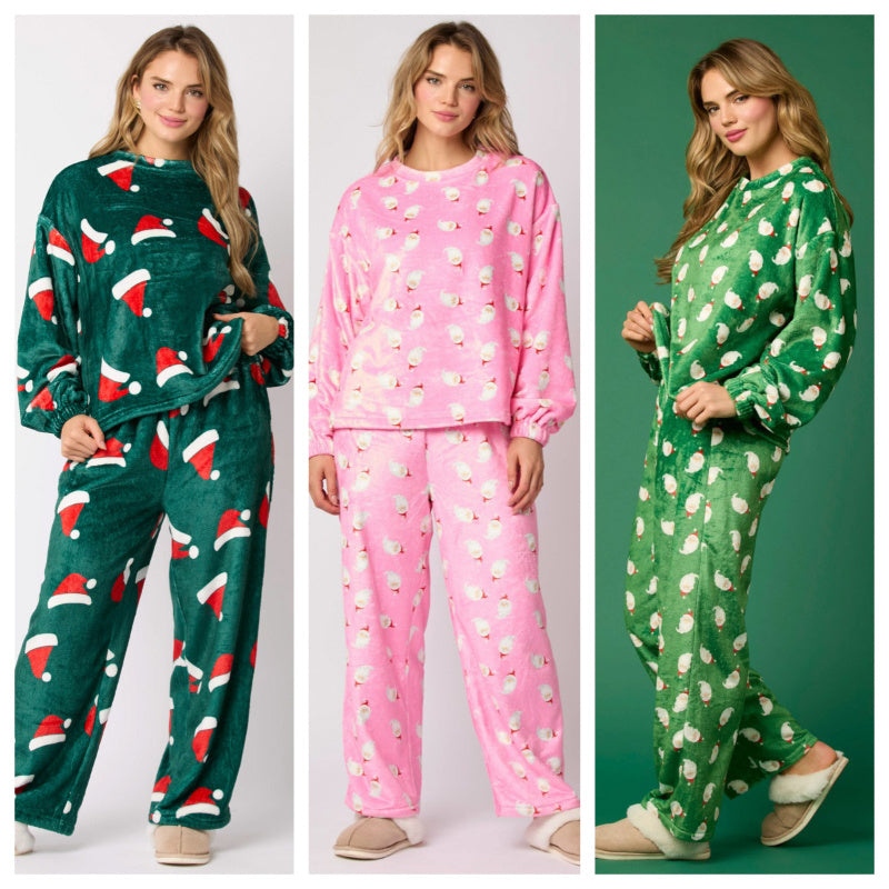 Christmas Santa Claus Casual Flannel Pajama Sets For Women 2 Piecee