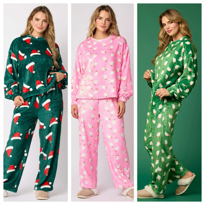 Christmas Santa Claus Casual Flannel Pajama Sets For Women 2 Piecee