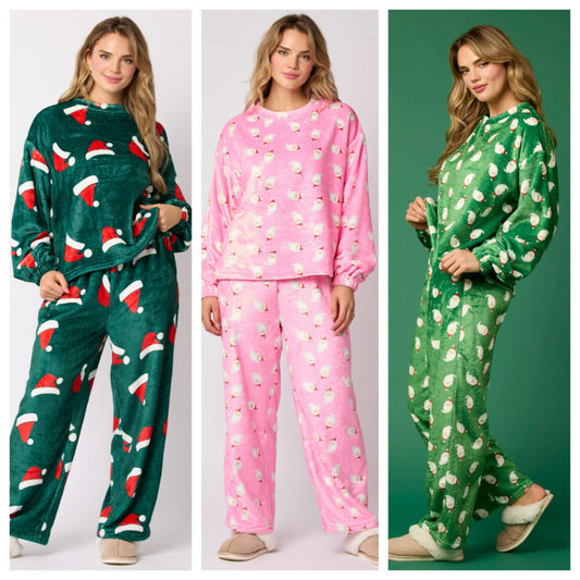 Christmas Santa Claus Casual Flannel Pajama Sets For Women 2 Piecee