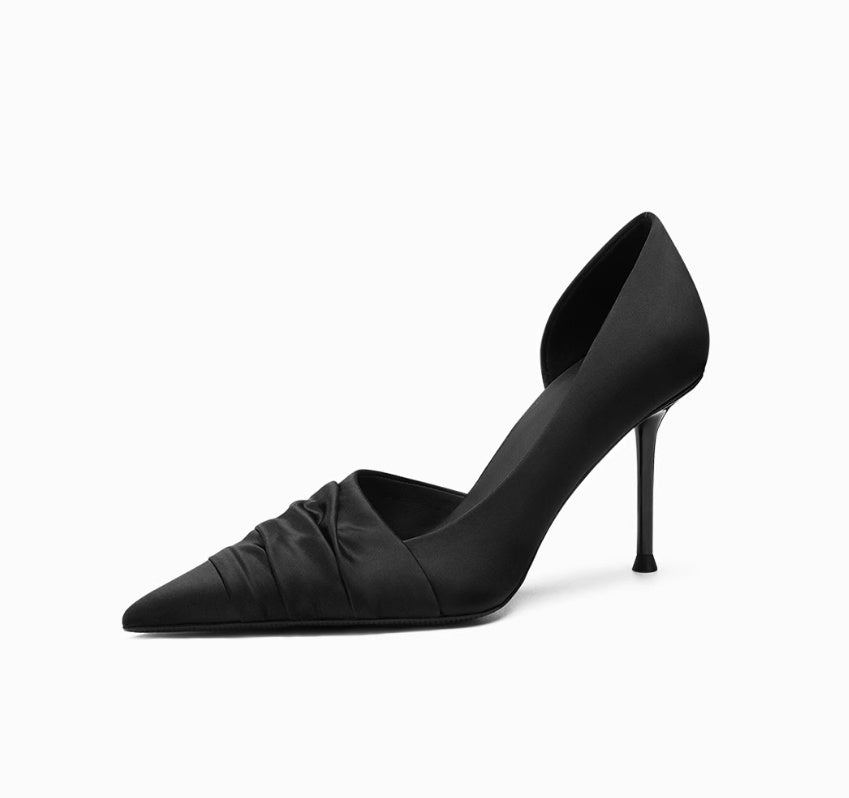 Black Cloth Satin Side Empty High Heels Lining material from sheepskin