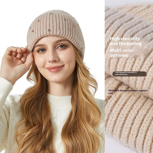 Exquisite Rhinestone Angola Rabbit Fur Thickened Elastic Knitted Beanie Hat