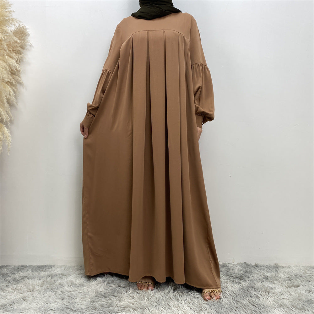 Muslim Solid Color Pleated Round Neck Abaya