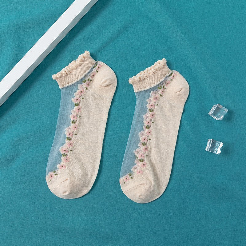 レディース 薄手スパンガラスレースクリスタルボートソックス