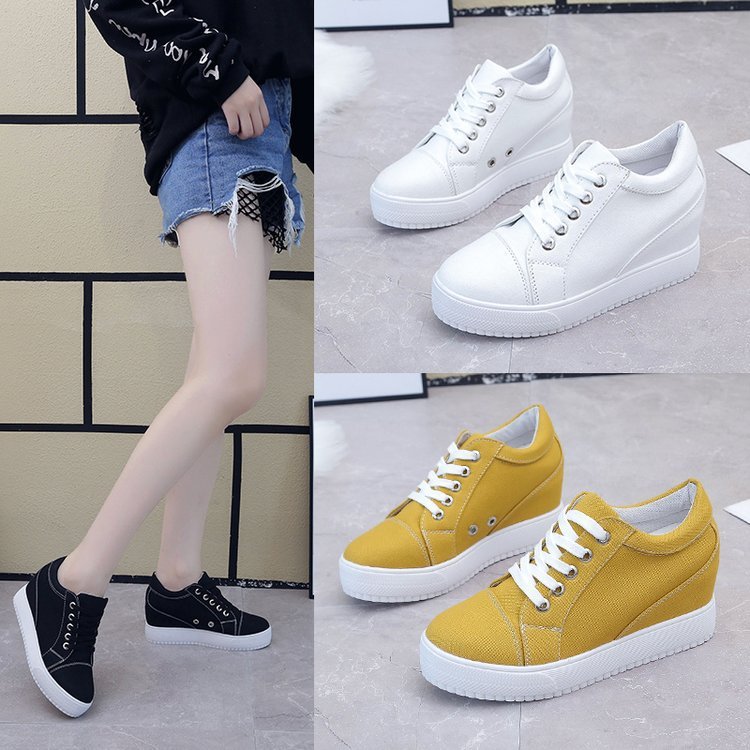 Breathable White Women's Casual Inner Height Increase Canvas Platform Shoes