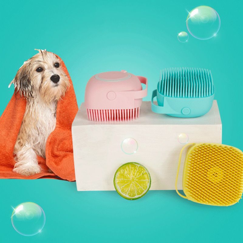 Soft Silicone Bristles Cat Dog Bath Brush Comb Scrubber Shampoo Dispenser