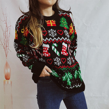 Women's Christmas Style Loose Round Neck Long-sleeved Sweater