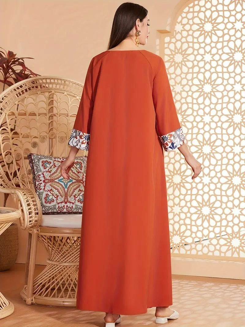 Elegant Floral Print Long Sleeved Abaya Robe Dress