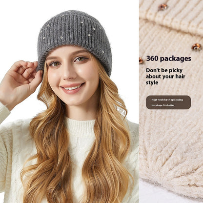 Exquisite Rhinestone Angola Rabbit Fur Thickened Elastic Knitted Beanie Hat