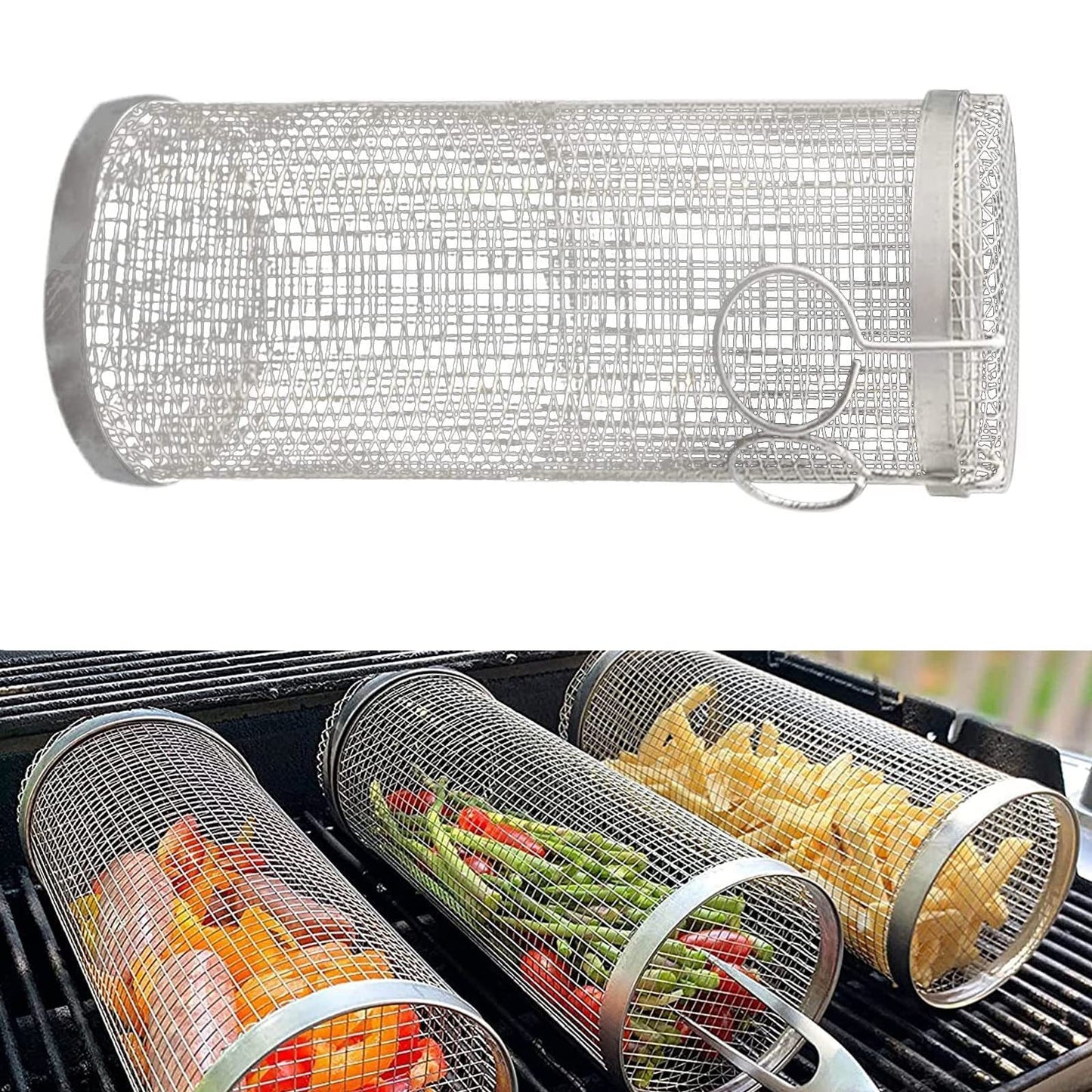 Rolling Grilling Metal BBQ Net Portable Outdoor Camping Barbecue Rack Basket