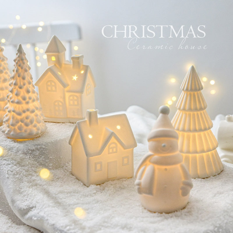 Ceramic Desktop Decoration Luminous Christmas Small House Christmas Snowman