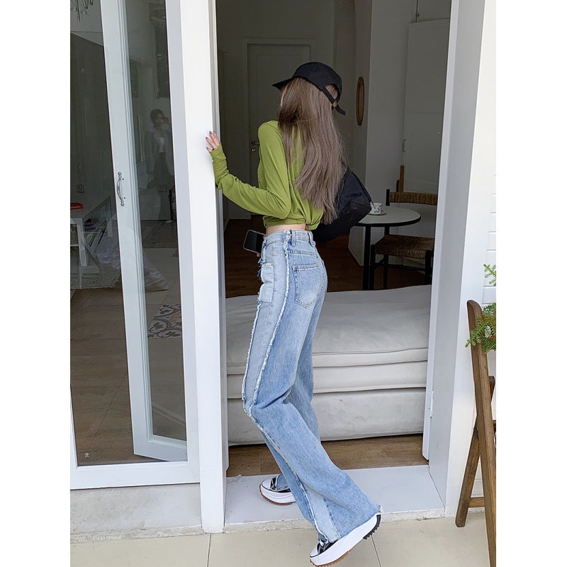 Women's High Waist Slim Side Washed Contrast Raw Denim Pant