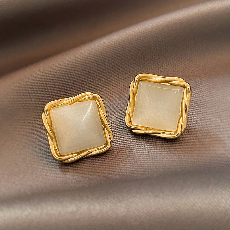Cat's Eye Flower High Sense Opal Square Triangle Geometry Earrings