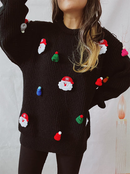 Women's Santa Claus Three-dimensional Decoration Round Neck Long Sleeve Sweater