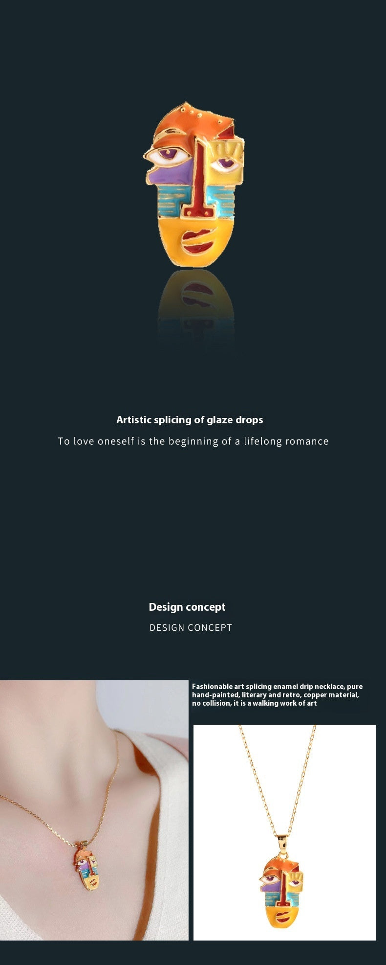 18K Gilded Face Enamel Necklace