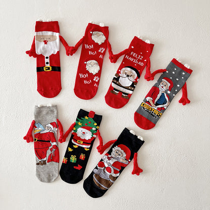 Christmas Magnetic Santa Claus Snowman Hand-holding Socks For Couple