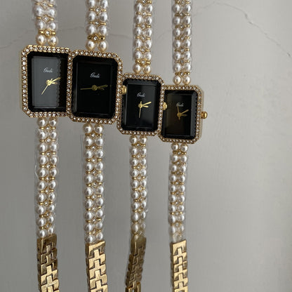 Silver Black Square Pearl Bracelet Watch