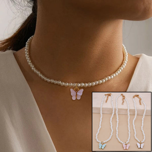 Elegante weiße Perle Choker kleine runde Perle Hochzeit Schmetterling Halskette