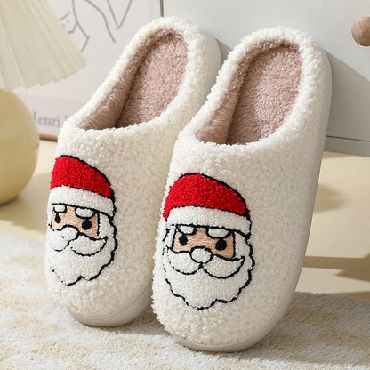 Christmas Santa Claus Cotton Slippers For Women And Men Winter Warm Furry