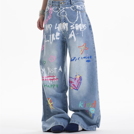 Waist Chain Printed Jeans Women's Straight Wide-leg