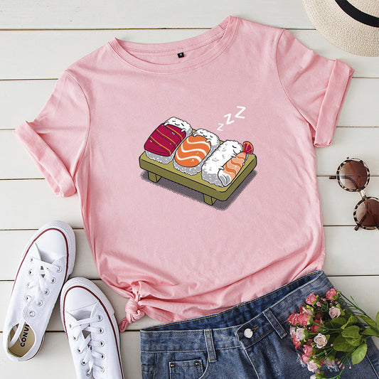 Women's Loose Round Neck Evil Sushi Short Sleeve T-shirt