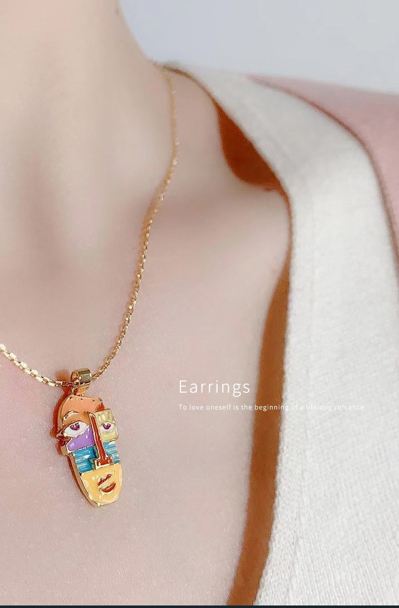 18K Gilded Face Enamel Necklace