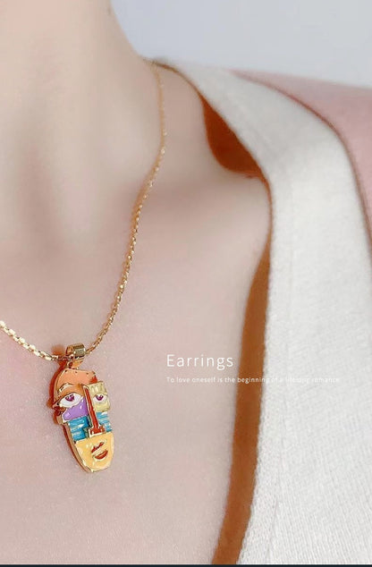 18K Gilded Face Enamel Necklace