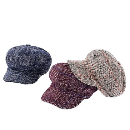 Thickened Plaid Woolen Octagonal Cap for Women