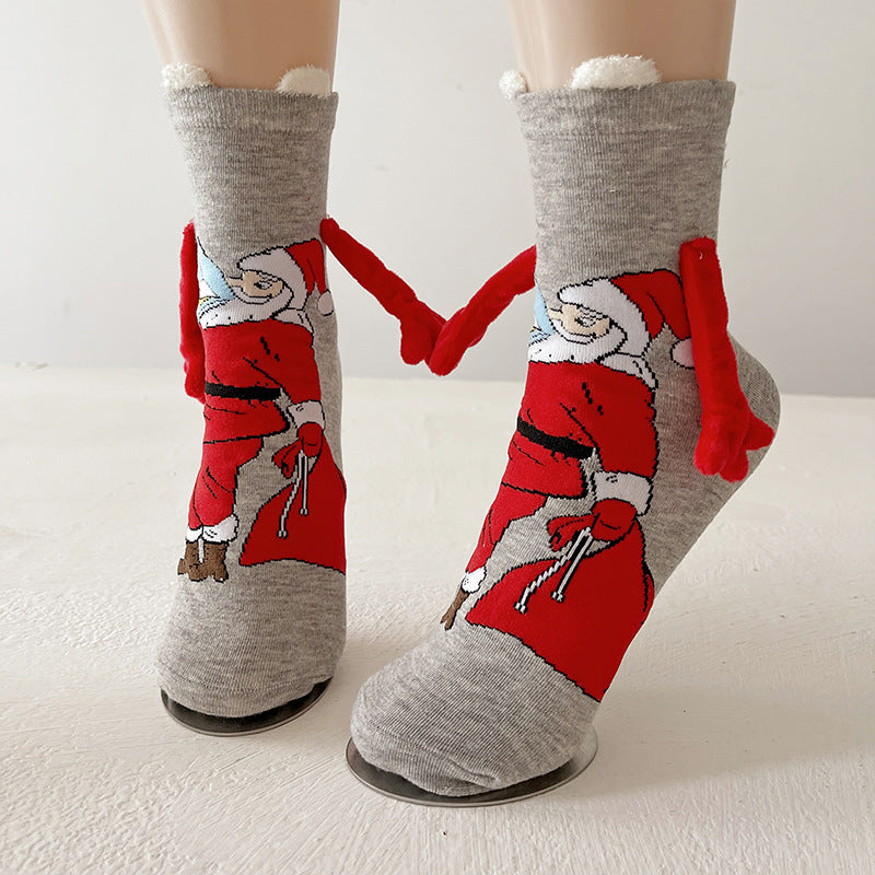 Christmas Magnetic Santa Claus Snowman Hand-holding Socks For Couple