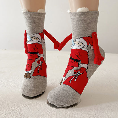 Christmas Magnetic Santa Claus Snowman Hand-holding Socks For Couple
