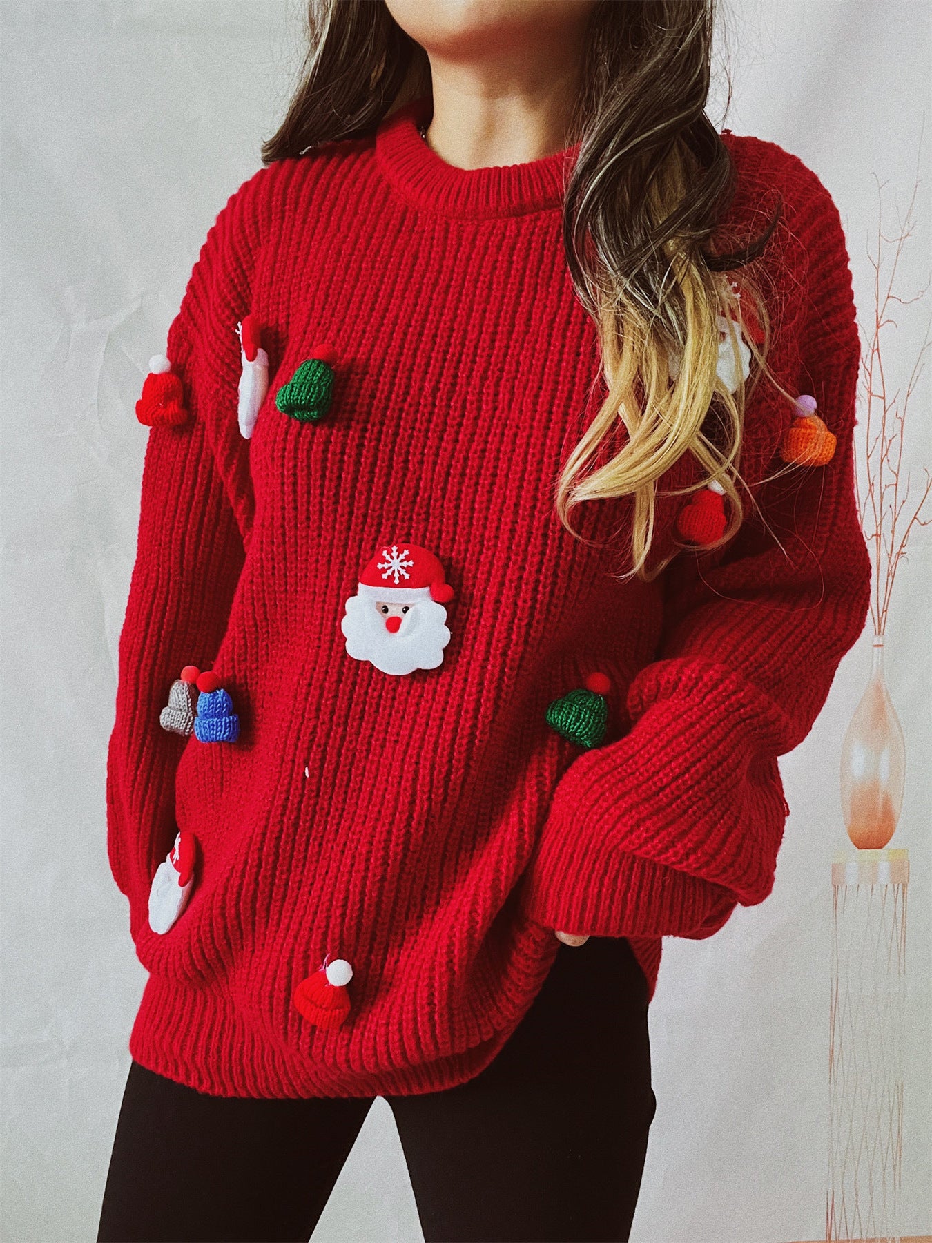 Women's Santa Claus Three-dimensional Decoration Round Neck Long Sleeve Sweater