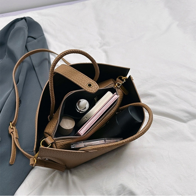 INS Litchi Pattern Shoulder Bag Fashion Zipper Bucket Bag