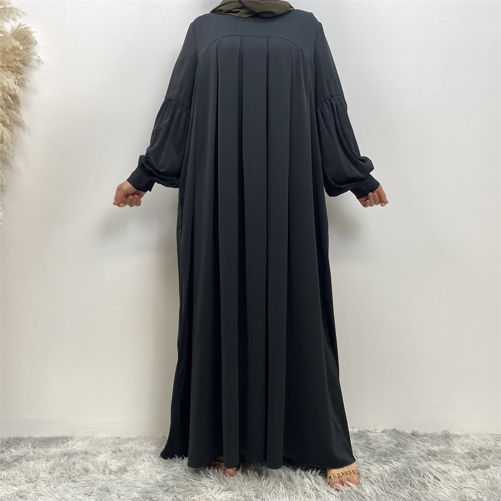 Muslim Solid Color Pleated Round Neck Abaya