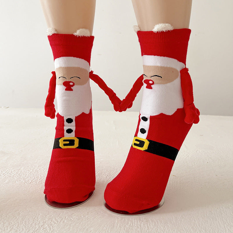 Christmas Magnetic Santa Claus Snowman Hand-holding Socks For Couple