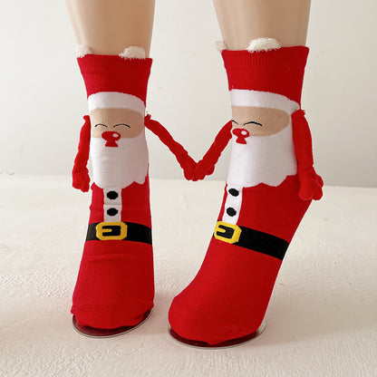 Christmas Magnetic Santa Claus Snowman Hand-holding Socks For Couple
