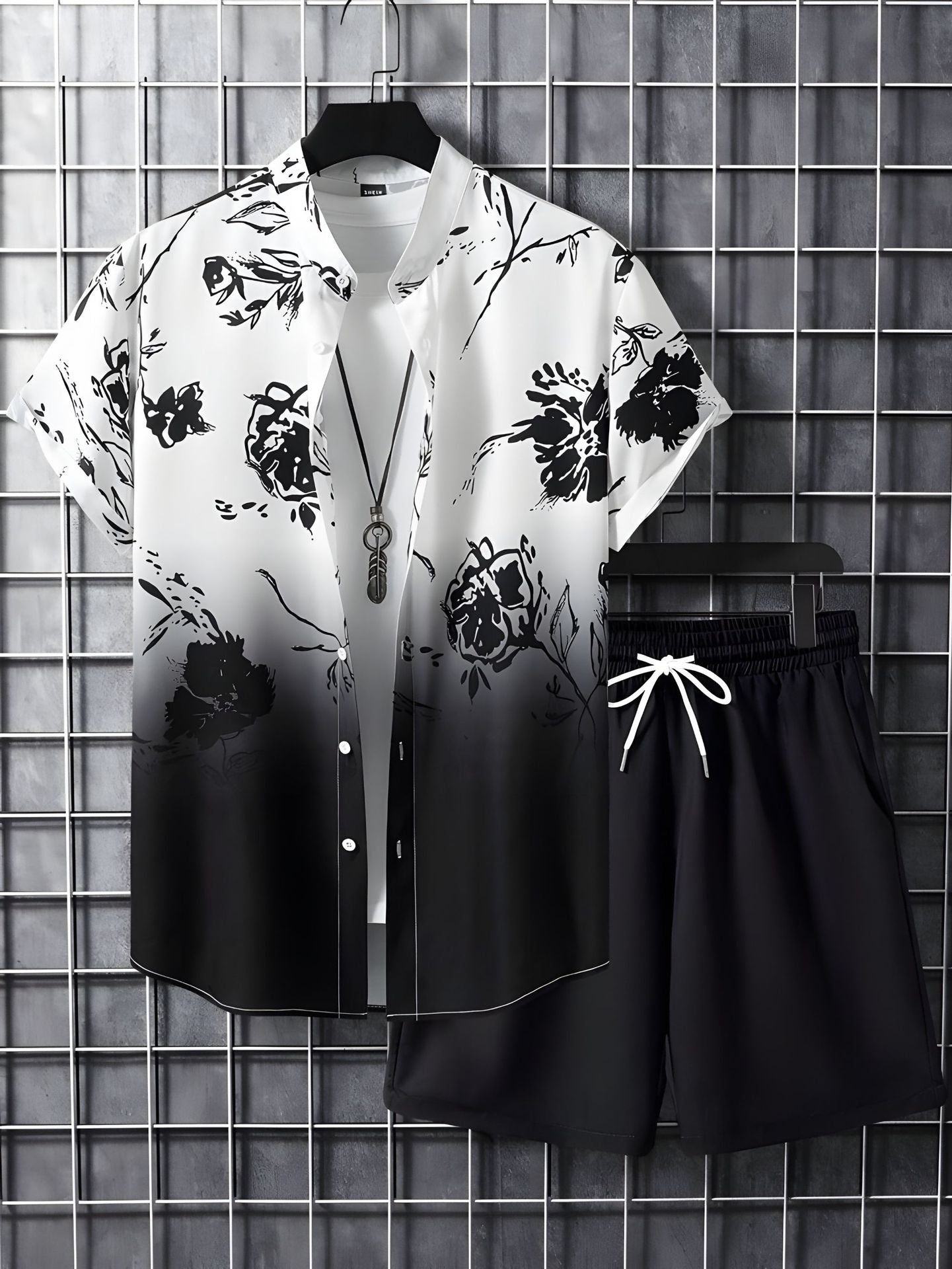 Black And White Striped Hawaiian Men's Shirt & Short Set
