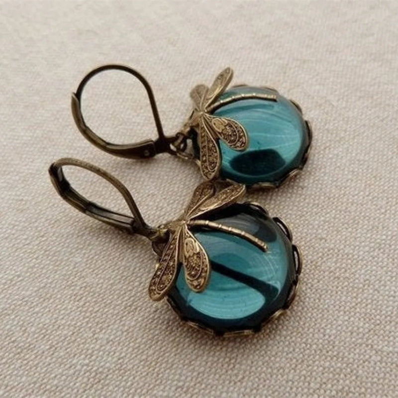 Vintage Dragonfly Pendant Earring Boho Chakra Blue Moonstone Earrings For Women