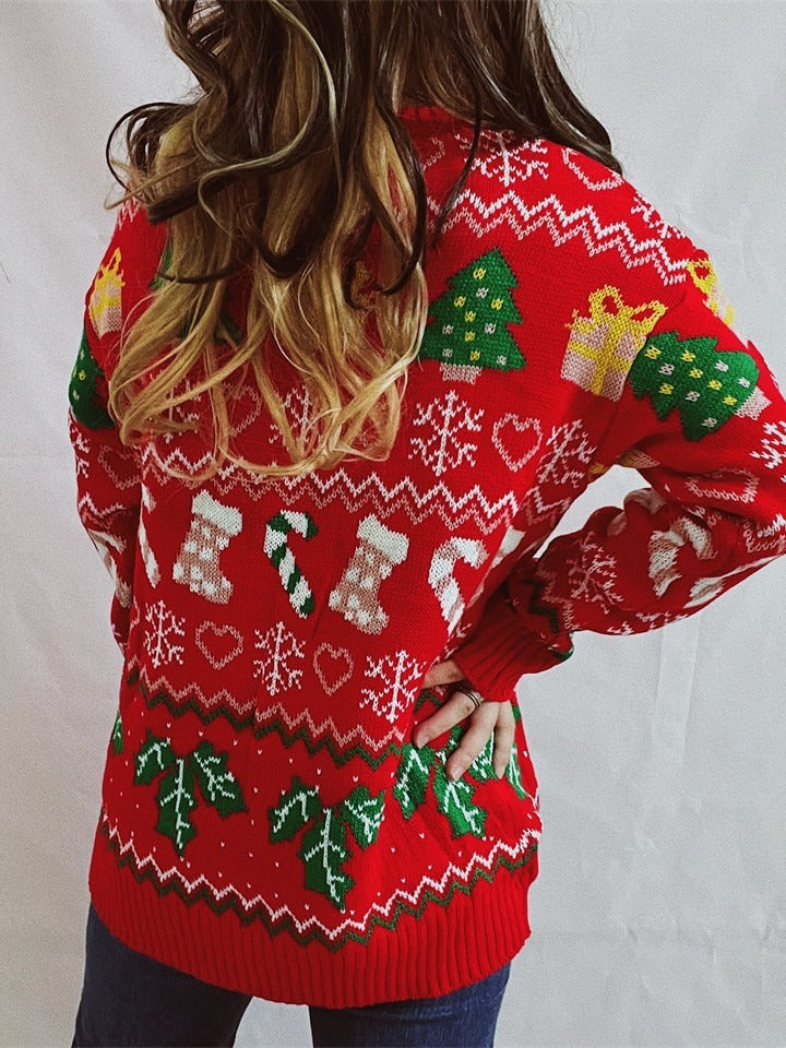 Women's Christmas Style Loose Round Neck Long-sleeved Sweater