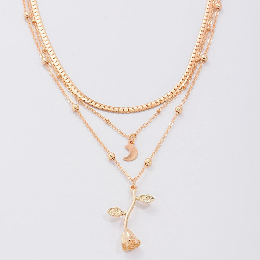 Multilayer Moon Gold Color Pendant Necklace