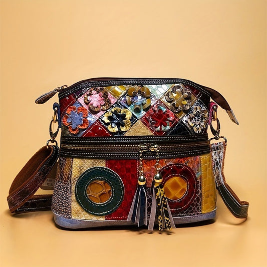 Genuine Leather Serpentine Color Handmade Tassel Flowers Shoulder Bag For Women