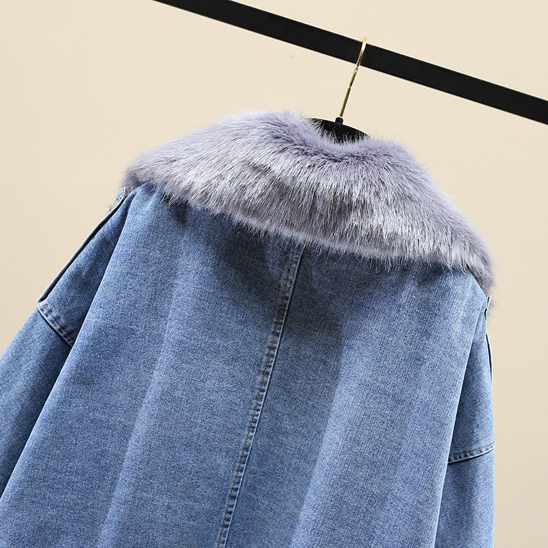 Pelzkragen Denim Pie Überwindung Lose Plus Fleece Damenjacke