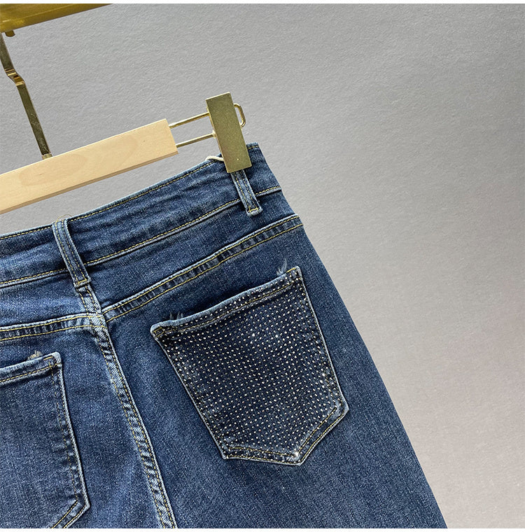 Women's Cotton Elastic High Waist Slimming Hot Rhinestones Jeans