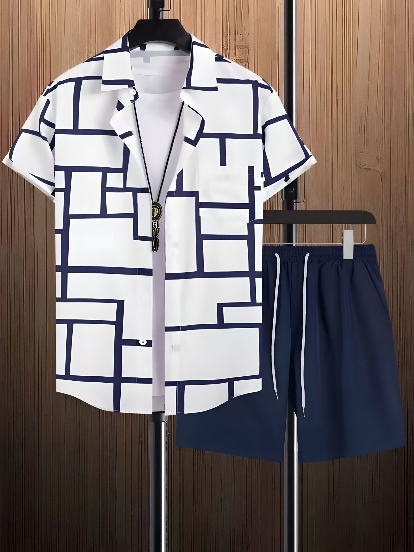 Black And White Striped Hawaiian Men's Shirt & Short Set