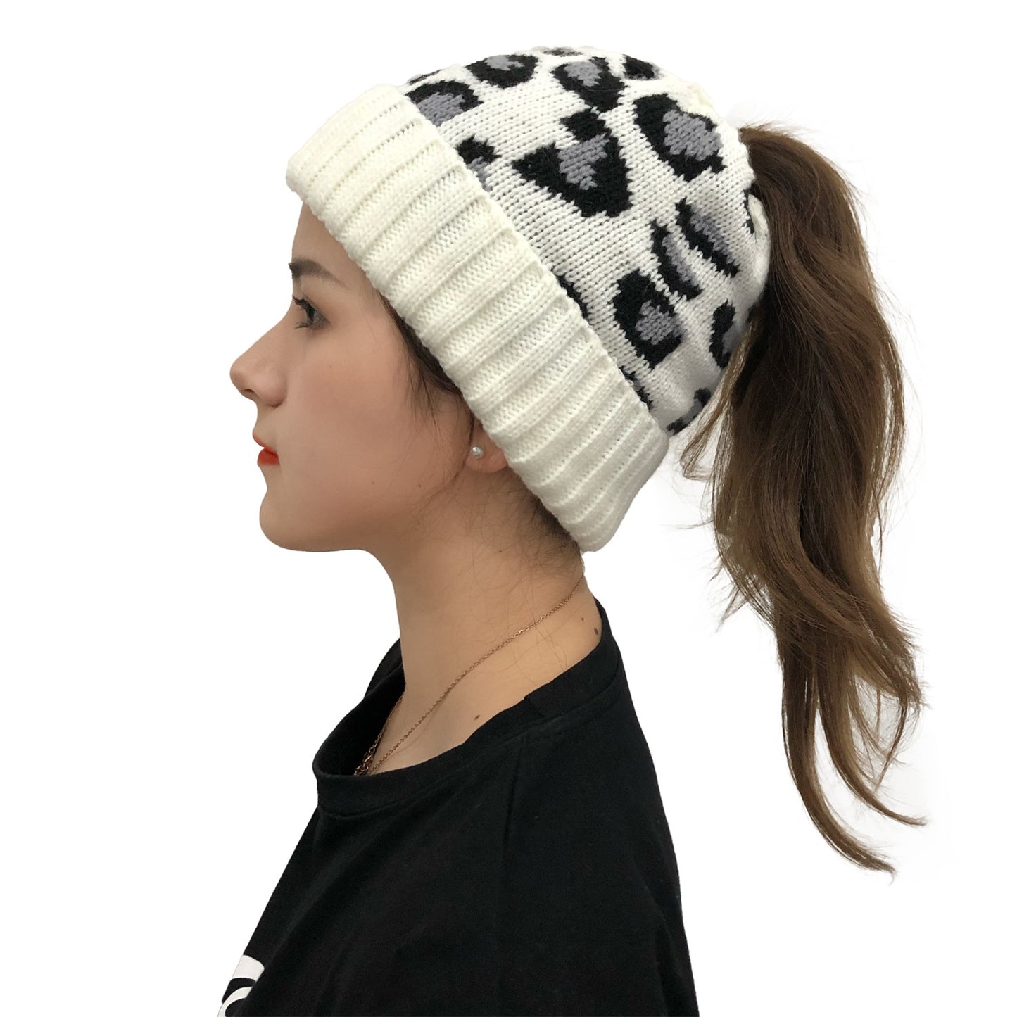 Leopard Print Bun Opening Knitted Beanie Hat