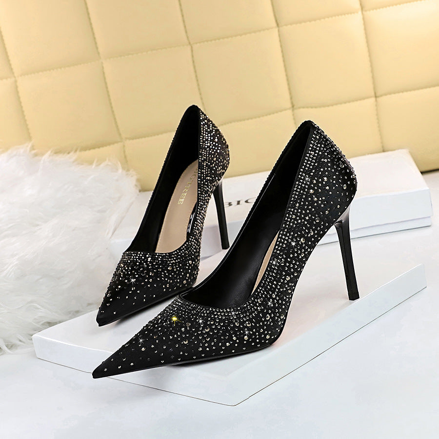 High-heeled Shoes Shallow Pointed Satin Glittering Rhinestone Women's Shoes