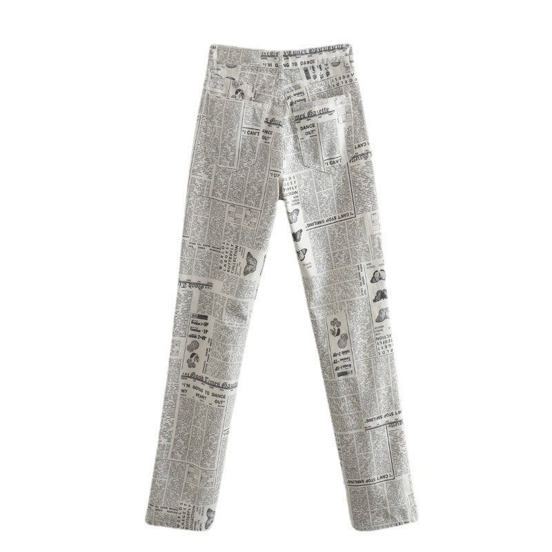 Woman Fashion Beige Print Straight Patchwork Trouser Pant