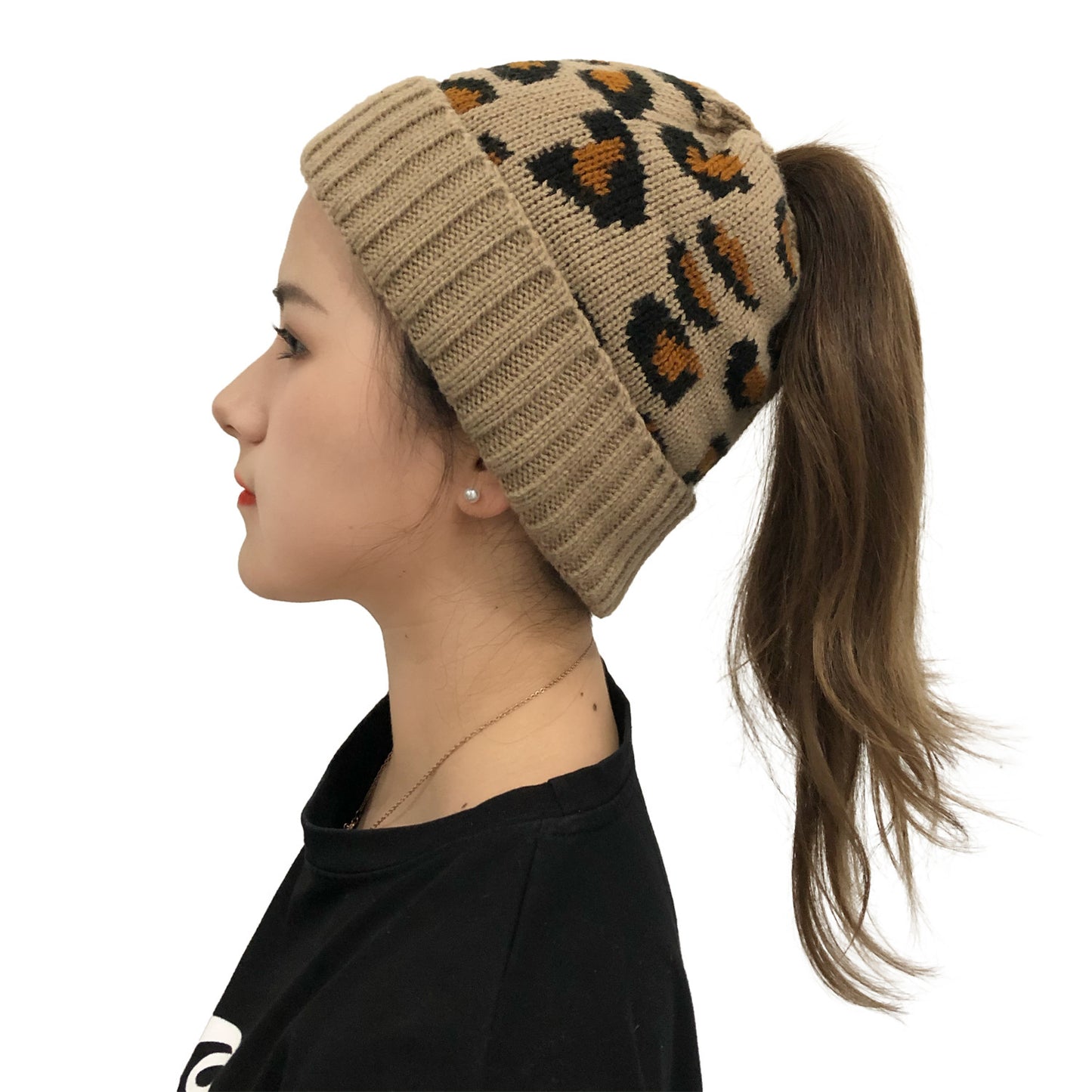 Leopard Print Bun Opening Knitted Beanie Hat