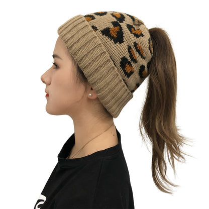 Leopard Print Bun Opening Knitted Beanie Hat